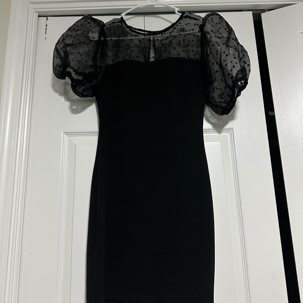 B Darlin Elegant Black Mini Dress with Sheer Sleeves